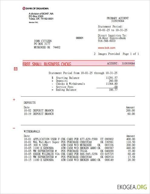 Modèle Word et PDF de relevé de compte de la USA Bank of Oklahoma